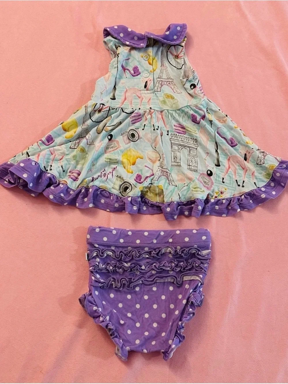 Birdie Bean Emilie Paris print peplum dress & ruffle bummie set 3-6M